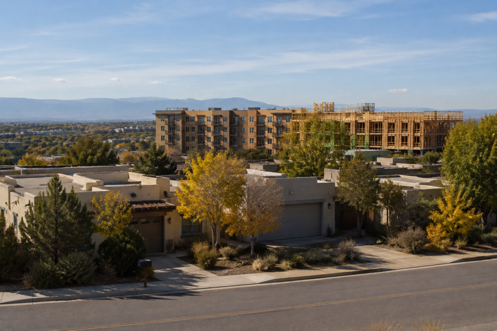Conceptual Southwestern residential scene with single-family homes in the foreground and multifamily apartment development in the background.