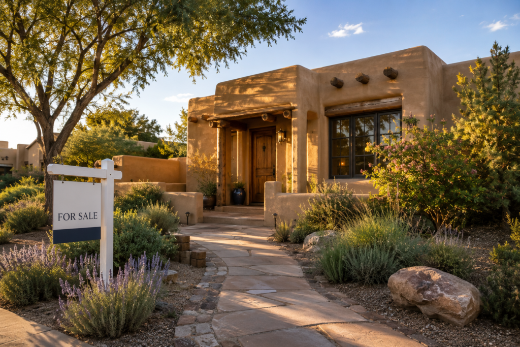 Illustrative Santa Fe–inspired home exterior with a maintained courtyard entry and xeric landscaping with a FOR SALE SIGN.