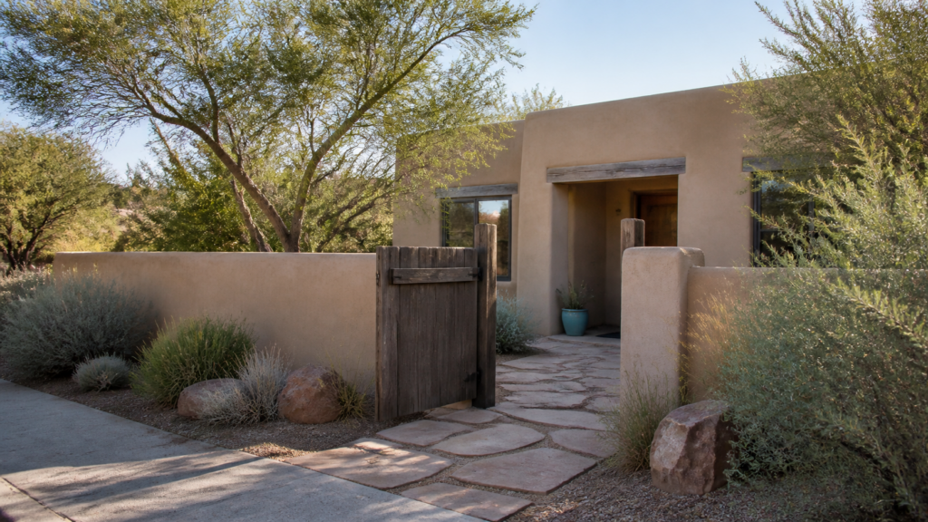 Illustrative Santa Fe–inspired home exterior with a maintained courtyard entry and xeric landscaping.