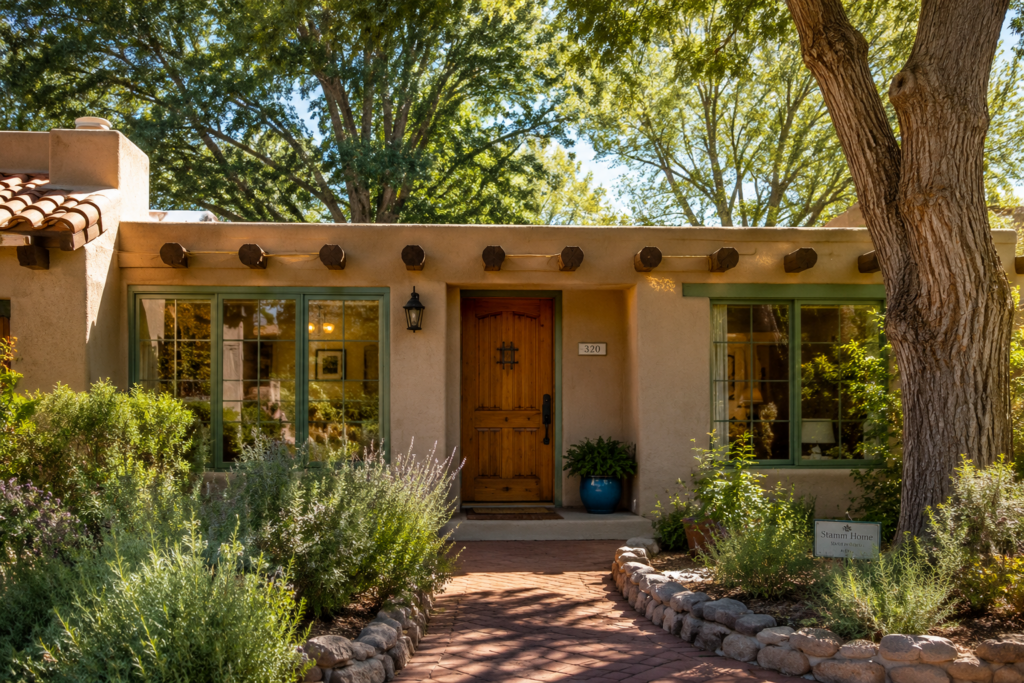 Southwestern stucco home with exposed wooden vigas, a wood front door, mature trees, and landscaped front yard.