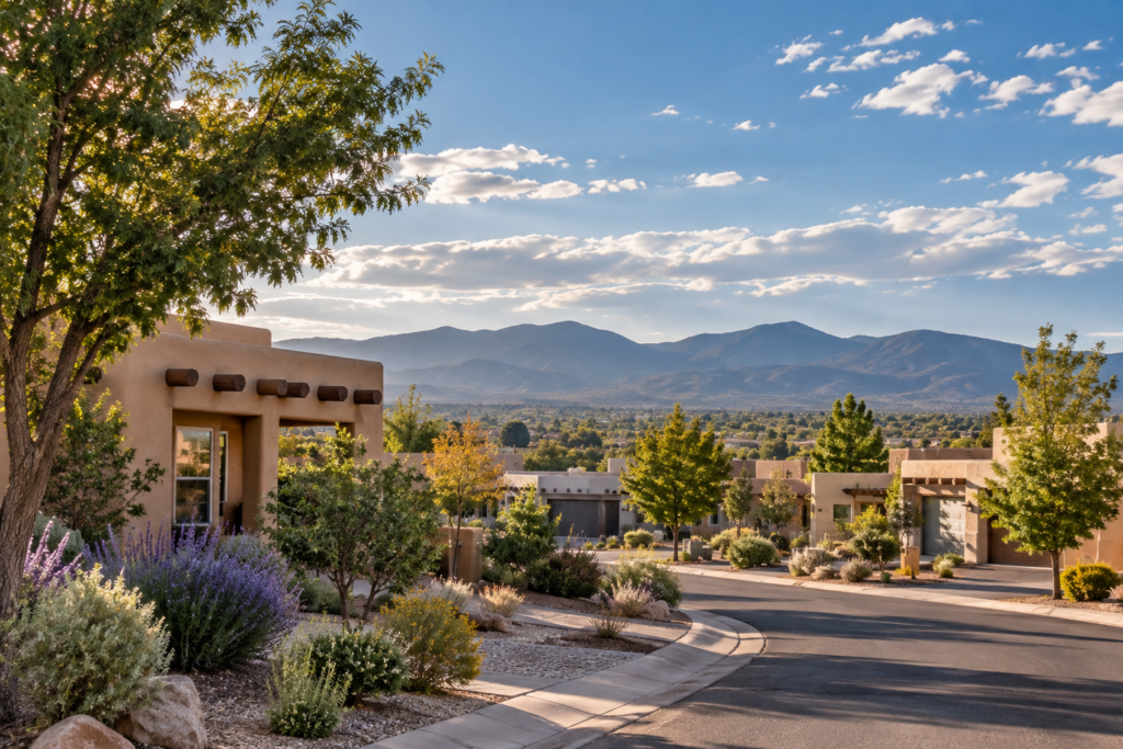 Southwestern residential neighborhood with stucco homes, desert landscaping, mature trees, and mountains in the distance.
