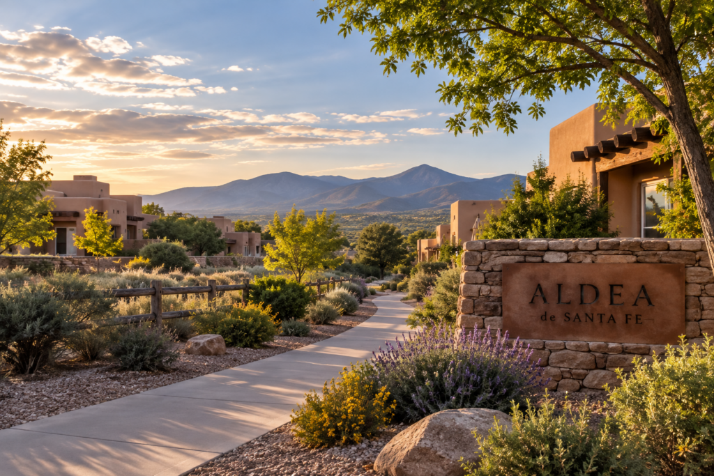 Downtown Santa Fe skyline at sunset with adobe-style buildings, trees, and mountains in the distance.
