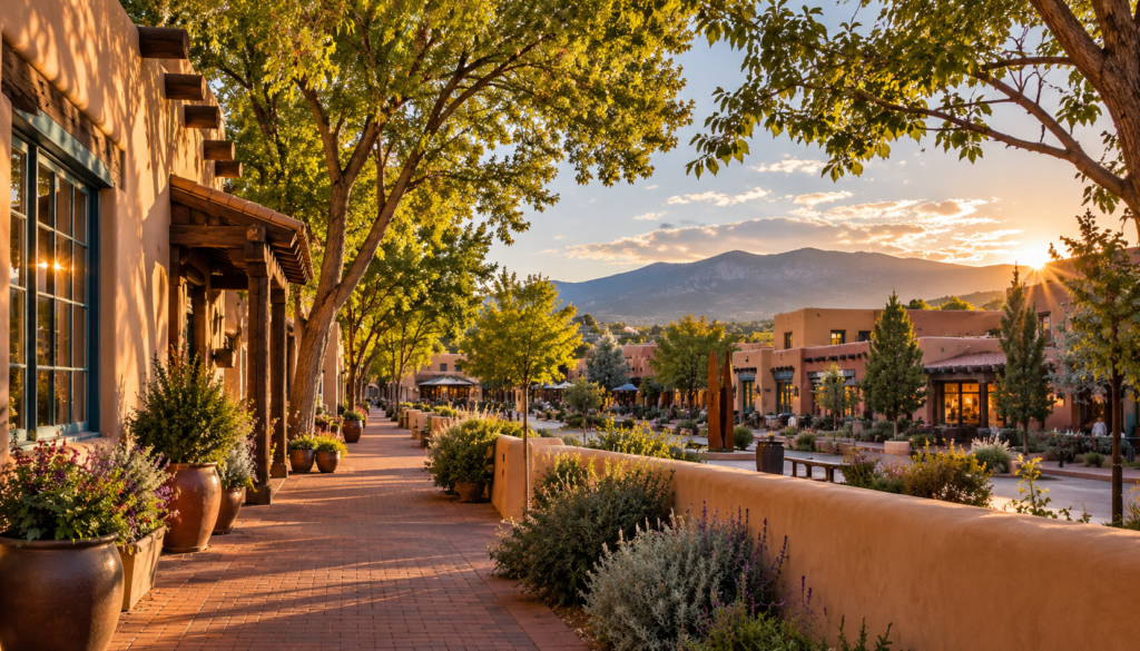 Santa Fe–inspired adobe streetscape with mature trees and mountains during golden hour.