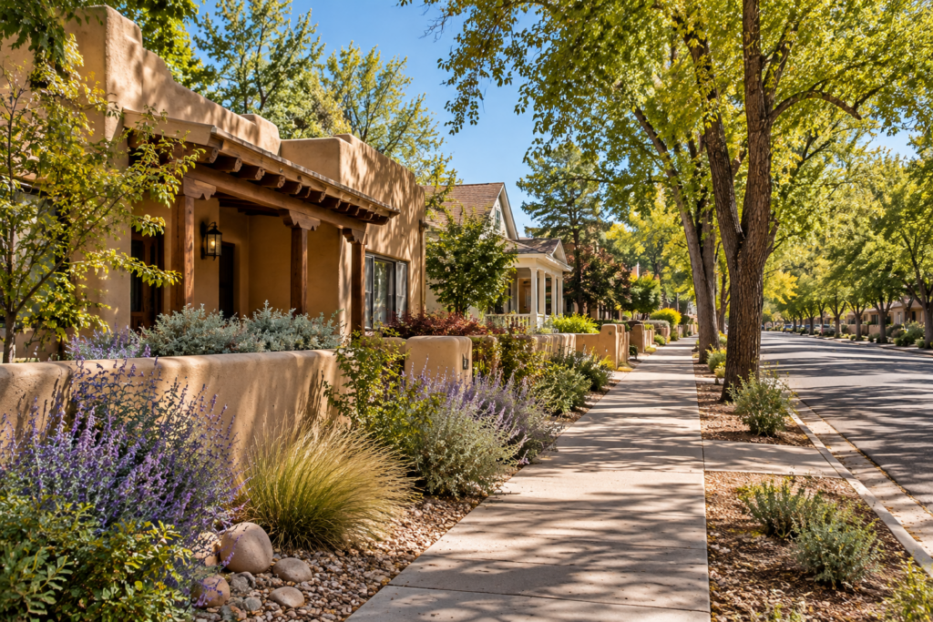 Tree-lined Santa Fe–inspired residential street with adobe and Territorial-style homes, mature trees, sidewalks, and Southwestern landscaping.