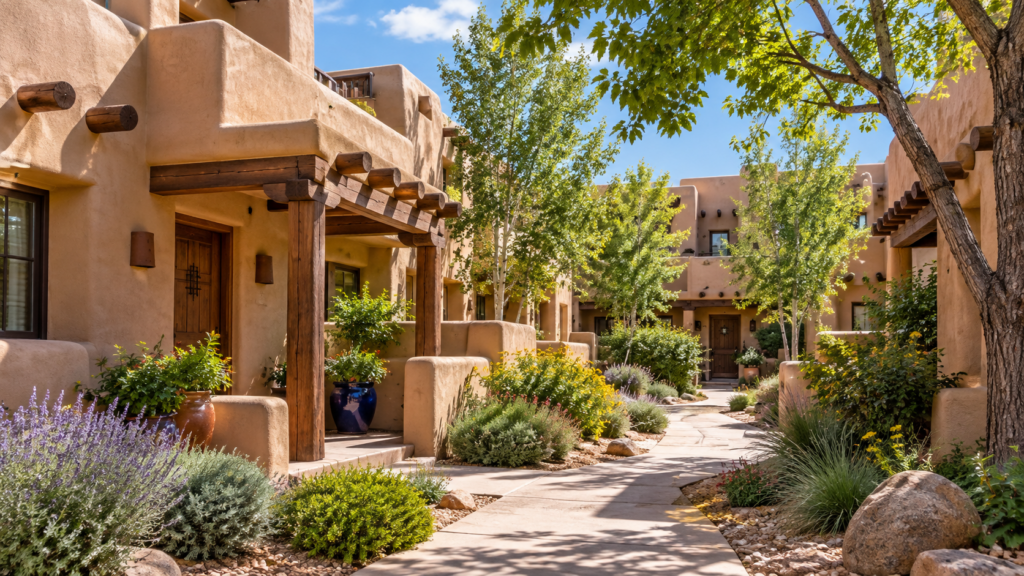 Santa Fe–inspired condominium courtyard with attached Pueblo-style residences, adobe stucco walls, vigas, shared walkways, mature trees, and Southwestern landscaping.