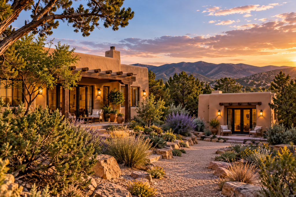 Santa Fe County–inspired adobe home with a separate casita, high-desert landscaping, gravel paths, piñon and juniper trees, and distant foothills.