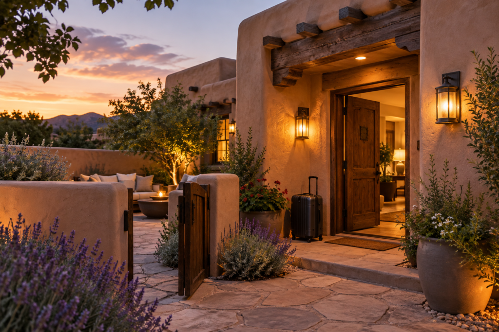 Santa Fe–inspired adobe residence with a private courtyard, warm exterior lighting, Southwestern landscaping, and luggage near the entry.