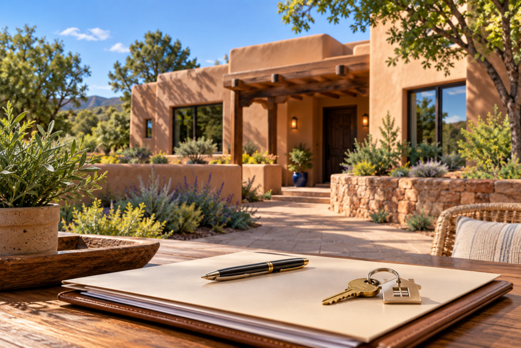 Santa Fe–inspired Pueblo-style residence representing a higher-priced home purchase and closing-cost planning.