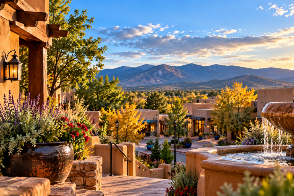 Santa Fe–inspired residential setting with Pueblo-style architecture, Southwestern landscaping, and mountain views.
