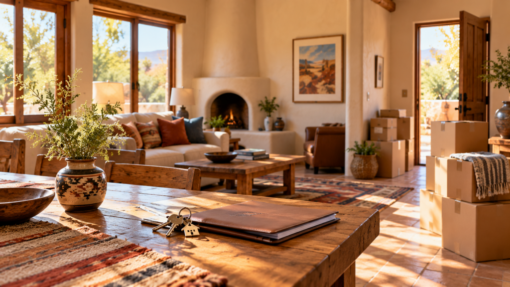 Santa Fe–inspired living room with moving boxes and house keys, representing a homeowner preparing to downsize.