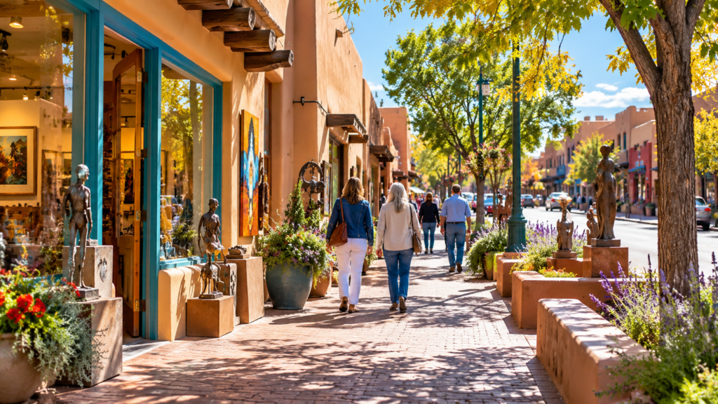 Santa Fe–inspired pedestrian district with local galleries, Southwestern architecture, public art, and people enjoying the neighborhood.