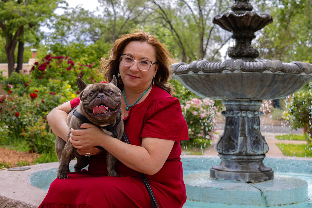 Lori Montoya with her French Bulldog mascot Loki in Santa Fe, New Mexico